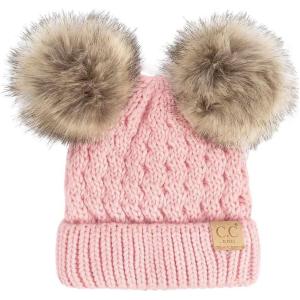 imageCC Kids Cable Knit Double Pom Beanie for Kids  Comfortable Soft Warm Children Youth Skully Hat with PomNatural Faux Fur Pom Pale Pink