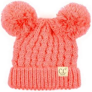 imageCC Kids Cable Knit Double Pom Beanie for Kids  Comfortable Soft Warm Children Youth Skully Hat with PomYarn Pom Coral