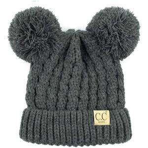 imageCC Kids Cable Knit Double Pom Beanie for Kids  Comfortable Soft Warm Children Youth Skully Hat with PomYarn Pom Dark Melange Gray