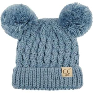 imageCC Kids Cable Knit Double Pom Beanie for Kids  Comfortable Soft Warm Children Youth Skully Hat with PomYarn Pom Denim