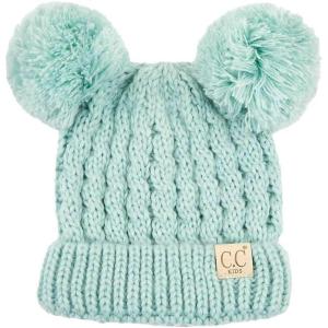 imageCC Kids Cable Knit Double Pom Beanie for Kids  Comfortable Soft Warm Children Youth Skully Hat with PomYarn Pom Mint