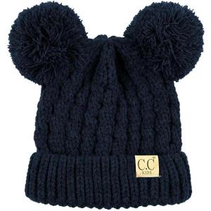 imageCC Kids Cable Knit Double Pom Beanie for Kids  Comfortable Soft Warm Children Youth Skully Hat with PomYarn Pom Navy