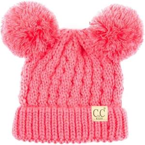 imageCC Kids Cable Knit Double Pom Beanie for Kids  Comfortable Soft Warm Children Youth Skully Hat with PomYarn Pom New Candy Pink