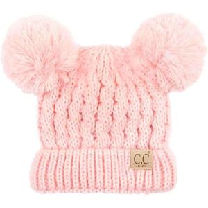 imageCC Kids Cable Knit Double Pom Beanie for Kids  Comfortable Soft Warm Children Youth Skully Hat with PomYarn Pom Pale Pink