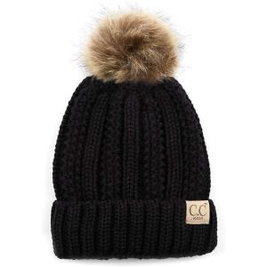 imageCC Kids Childrens Cable Knit Faux Fuzzy Fur Pom Fleece Lined Cuff BeanieBlack