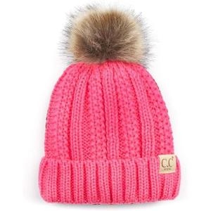 imageCC Kids Childrens Cable Knit Faux Fuzzy Fur Pom Fleece Lined Cuff BeanieCandy Pink