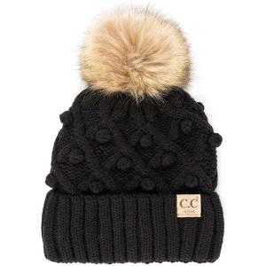 imageCC Kids Childrens Cable Knit Faux Fuzzy Fur Pom Fleece Lined Cuff BeanieHandmade Bobble  Black