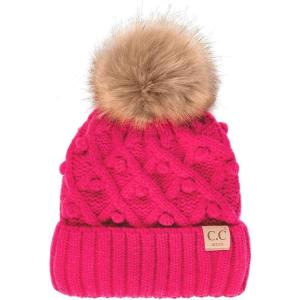 imageCC Kids Childrens Cable Knit Faux Fuzzy Fur Pom Fleece Lined Cuff BeanieHandmade Bobble  Candy Pink