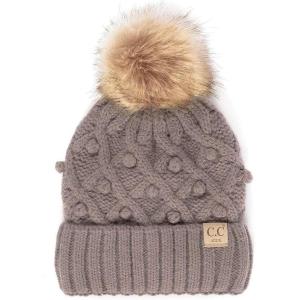 imageCC Kids Childrens Cable Knit Faux Fuzzy Fur Pom Fleece Lined Cuff BeanieHandmade Bobble  City Gray