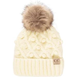 imageCC Kids Childrens Cable Knit Faux Fuzzy Fur Pom Fleece Lined Cuff BeanieHandmade Bobble  Ivory