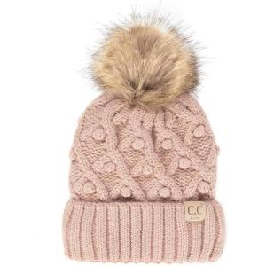imageCC Kids Childrens Cable Knit Faux Fuzzy Fur Pom Fleece Lined Cuff BeanieHandmade Bobble  Rose