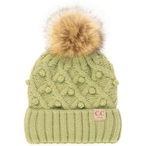 imageCC Kids Childrens Cable Knit Faux Fuzzy Fur Pom Fleece Lined Cuff BeanieHandmade Bobble  Winter Lime