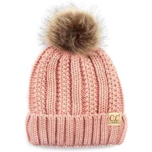 imageCC Kids Childrens Cable Knit Faux Fuzzy Fur Pom Fleece Lined Cuff BeanieIndi Pink