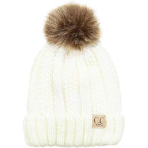 imageCC Kids Childrens Cable Knit Faux Fuzzy Fur Pom Fleece Lined Cuff BeanieIvory