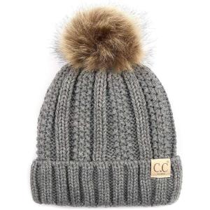 imageCC Kids Childrens Cable Knit Faux Fuzzy Fur Pom Fleece Lined Cuff BeanieLight Melange Gray