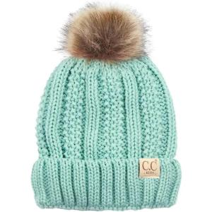 imageCC Kids Childrens Cable Knit Faux Fuzzy Fur Pom Fleece Lined Cuff BeanieMint