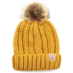 imageCC Kids Childrens Cable Knit Faux Fuzzy Fur Pom Fleece Lined Cuff BeanieMustard