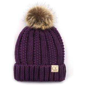 imageCC Kids Childrens Cable Knit Faux Fuzzy Fur Pom Fleece Lined Cuff BeaniePurple