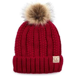 imageCC Kids Childrens Cable Knit Faux Fuzzy Fur Pom Fleece Lined Cuff BeanieRed