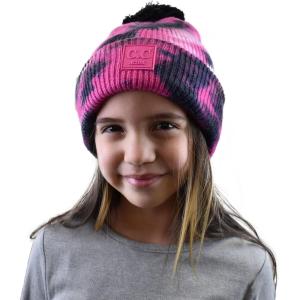 imageCC Kids Childrens Winter Thick Knit Tie Dye Pom Cuff BeanieBlackHot Pink
