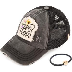 imageCC Kids CrissCross Elastic Band Distressed Embroidered Bee Happy Patch Pony Cap for KidsBe Happy Black