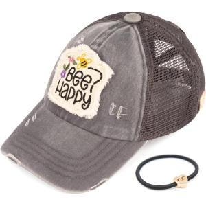 imageCC Kids CrissCross Elastic Band Distressed Embroidered Bee Happy Patch Pony Cap for KidsBe Happy Charcoal