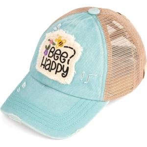 imageCC Kids CrissCross Elastic Band Distressed Embroidered Bee Happy Patch Pony Cap for KidsBe Happy Mint