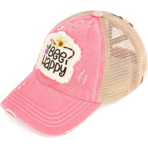 imageCC Kids CrissCross Elastic Band Distressed Embroidered Bee Happy Patch Pony Cap for KidsBe Happy Pink