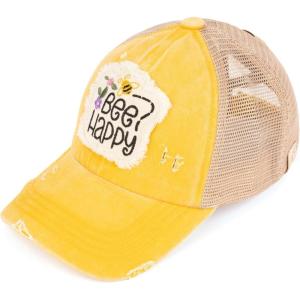 imageCC Kids CrissCross Elastic Band Distressed Embroidered Bee Happy Patch Pony Cap for KidsBe Happy Yellow