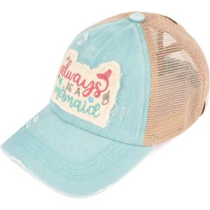 imageCC Kids CrissCross Elastic Band Distressed Embroidered Bee Happy Patch Pony Cap for KidsGirls Fish Mint