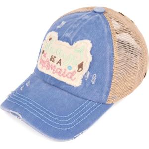 imageCC Kids CrissCross Elastic Band Distressed Embroidered Bee Happy Patch Pony Cap for KidsMermaid Blue Moon