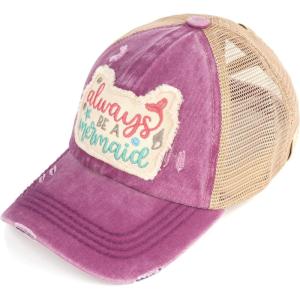 imageCC Kids CrissCross Elastic Band Distressed Embroidered Bee Happy Patch Pony Cap for KidsMermaid Grape