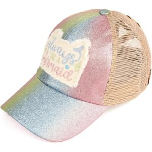 imageCC Kids CrissCross Elastic Band Distressed Embroidered Bee Happy Patch Pony Cap for KidsMermaid Pink Multi