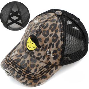 imageCC Kids CrissCross Elastic Band Distressed Embroidered Bee Happy Patch Pony Cap for KidsSmile Baby Leopard