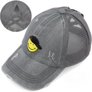 imageCC Kids CrissCross Elastic Band Distressed Embroidered Bee Happy Patch Pony Cap for KidsSmile Grey