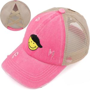 imageCC Kids CrissCross Elastic Band Distressed Embroidered Bee Happy Patch Pony Cap for KidsSmile Pink