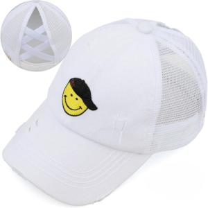 imageCC Kids CrissCross Elastic Band Distressed Embroidered Bee Happy Patch Pony Cap for KidsSmile White