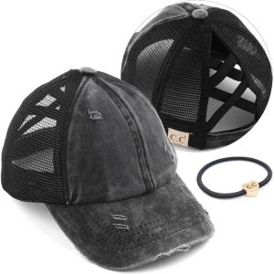 imageCC Kids CrissCross Elastic Band Ponytail Caps Messy Buns Trucker Plain Baseball Cap KIDSBT780Black