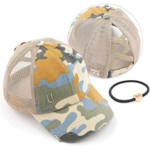 imageCC Kids CrissCross Elastic Band Ponytail Caps Messy Buns Trucker Plain Baseball Cap KIDSBT780Camobeige