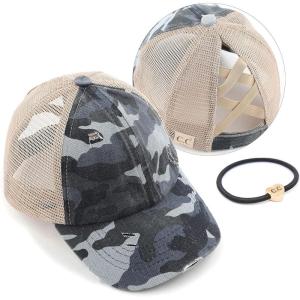 imageCC Kids CrissCross Elastic Band Ponytail Caps Messy Buns Trucker Plain Baseball Cap KIDSBT780Camoblue