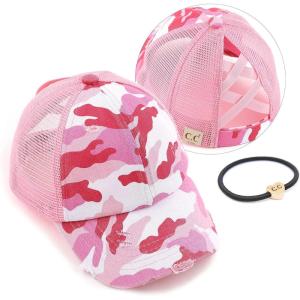 imageCC Kids CrissCross Elastic Band Ponytail Caps Messy Buns Trucker Plain Baseball Cap KIDSBT780Camopink