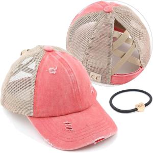imageCC Kids CrissCross Elastic Band Ponytail Caps Messy Buns Trucker Plain Baseball Cap KIDSBT780Coral