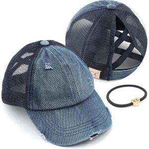 imageCC Kids CrissCross Elastic Band Ponytail Caps Messy Buns Trucker Plain Baseball Cap KIDSBT780Denum