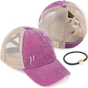 imageCC Kids CrissCross Elastic Band Ponytail Caps Messy Buns Trucker Plain Baseball Cap KIDSBT780Grape