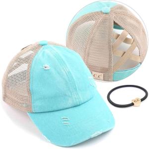 imageCC Kids CrissCross Elastic Band Ponytail Caps Messy Buns Trucker Plain Baseball Cap KIDSBT780Mint