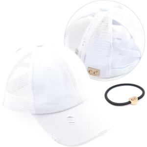 imageCC Kids CrissCross Elastic Band Ponytail Caps Messy Buns Trucker Plain Baseball Cap KIDSBT780White