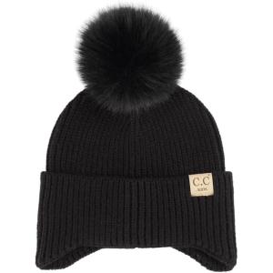 imageCC Kids Ear Flap Fur Pom Beanie for Boys Girls  Comfortable Soft Warm Children Youth Knit Skully Hat with Faux Fur PomBlack