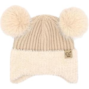 imageCC Kids Ear Flap Fur Pom Beanie for Boys Girls  Comfortable Soft Warm Children Youth Knit Skully Hat with Faux Fur PomDouble Pom  Beige