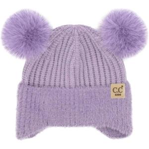 imageCC Kids Ear Flap Fur Pom Beanie for Boys Girls  Comfortable Soft Warm Children Youth Knit Skully Hat with Faux Fur PomDouble Pom  Lavender