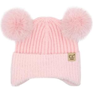 imageCC Kids Ear Flap Fur Pom Beanie for Boys Girls  Comfortable Soft Warm Children Youth Knit Skully Hat with Faux Fur PomDouble Pom  Pink